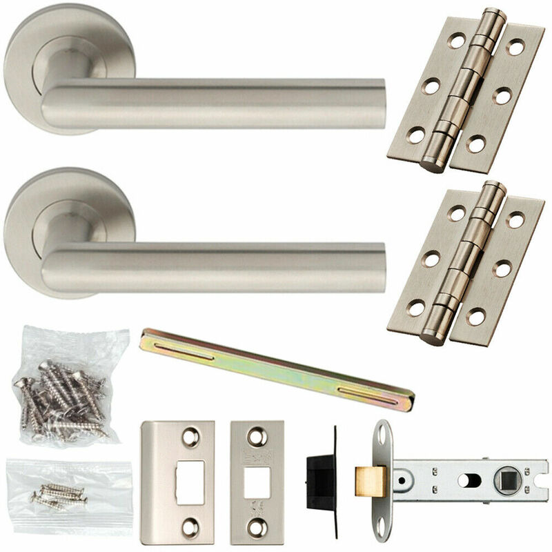 Door Handle & Latch Pack Satin Steel Straight Lever on Screwless Round Rose