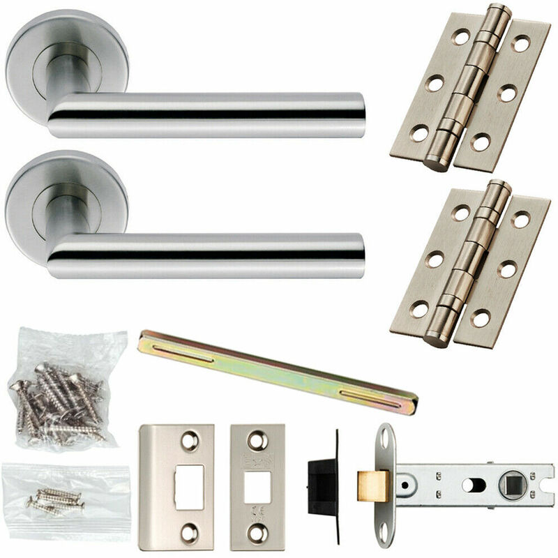 Door Handle & Latch Pack Satin Steel Straight Mitre Lever Screwless Round Rose