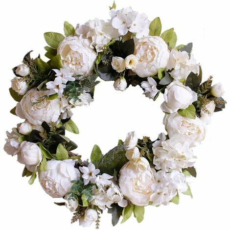 Door Wreath Illuminate Front Door Decoration for Wedding, Birthday, Living Room, 1 Piece (40cm, Milky White Peony)