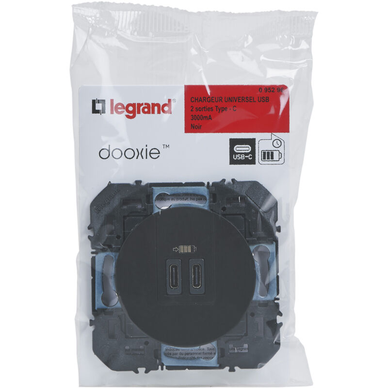 Legrand - Prise double usb Type-C Dooxie 3A - Finition Noir
