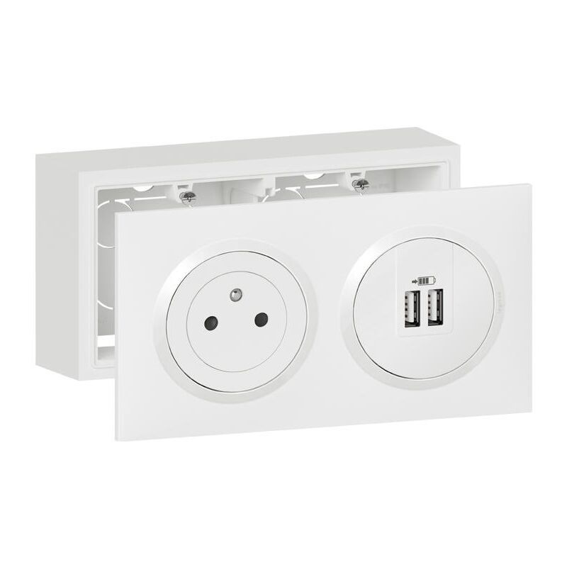 Kit prise de courant Surface avec chargeur 2 usb Type a dooxie 3A précâblés avec cadre saillie finition blanc Legrand 300410