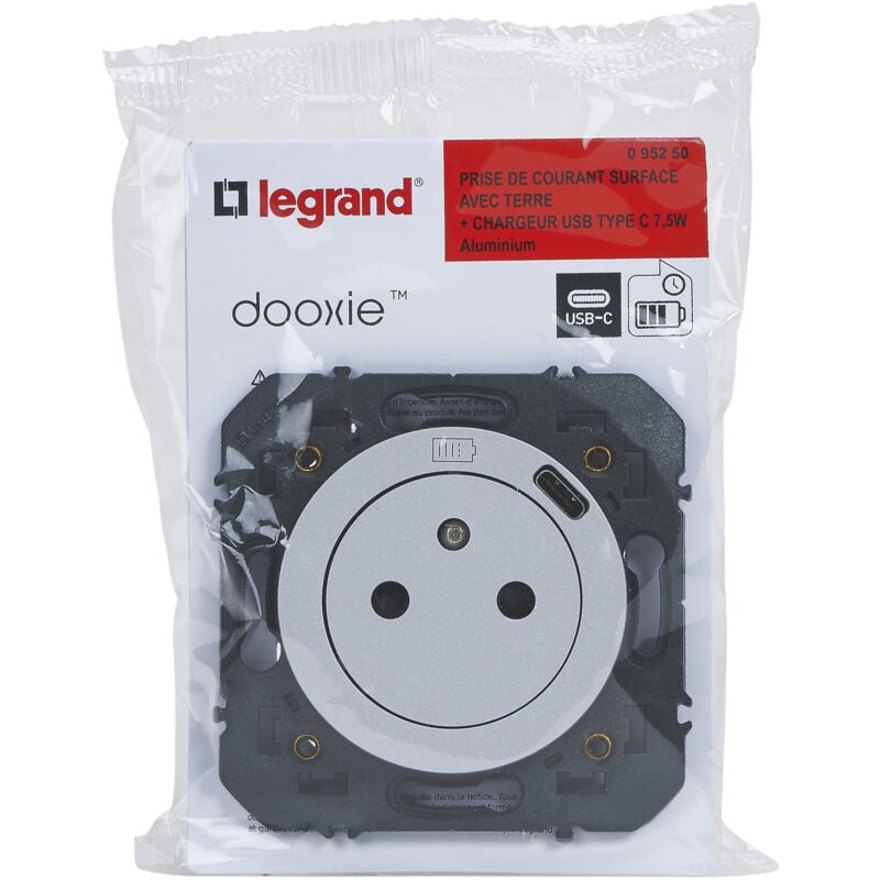 Prise de courant Surface 2P+T avec chargeur usb Type-C Dooxie - Alu - Legrand