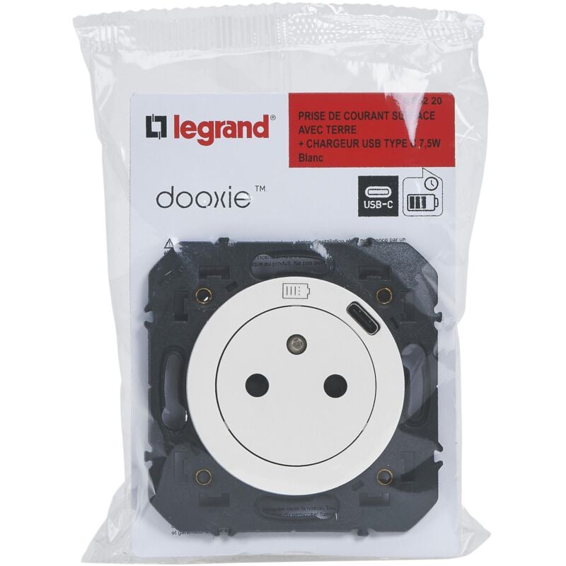 Prise de courant 2P+T 16A + Chargeur usb Type c à composer - Dooxie - Blanc Legrand