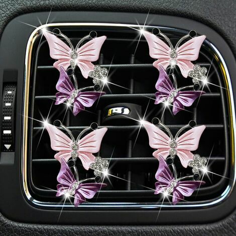 DOPA Clips para ambientador de coche para mujer, 4 unidades, bonito ambientador de doble mariposa con diamantes de imitación, clip para rejilla de ventilación, accesorios de coche con purpurina para m