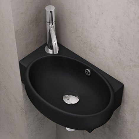 doporro Aufsatzwaschbecken Hängewaschbecken für Gäste-WC 42x28x15cm Keramik Waschbecken Handwaschbecken in matt schwarz Brüssel001R