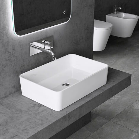 doporro® Aufsatzwaschbecken Mineralguss-Waschbecken 60x40x15 cm, Waschtisch Rechteckig Colossum102 in Weiß hochglanz inkl. NANO-Beschichtung