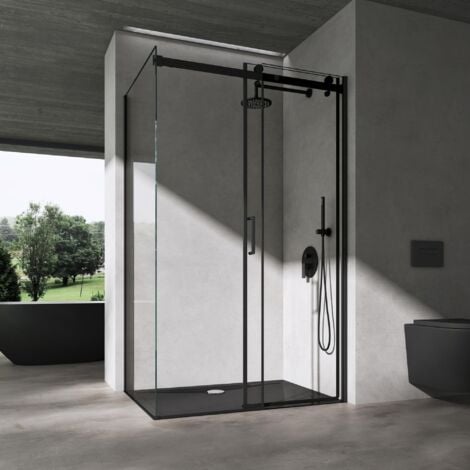 doporro Box Doccia 75x110x195 cm Cabina Doccia Angolare con Porta Scorrevole Vetro di Sicurezza ESG 8mm Trasparente con Nano Rivestimento Facile da Pulire Profilo Nero Ravenna19K