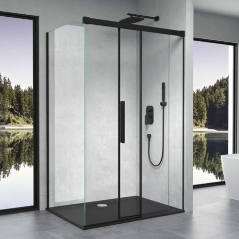 doporro Box Doccia 80x120x195cm, Cabina Doccia Angolare con Porta Scorrevole Soft-close in Profilo Nero Vetro di Sicurezza ESG Vetro Trasparente Incluso Rivestimento Ravenna12k