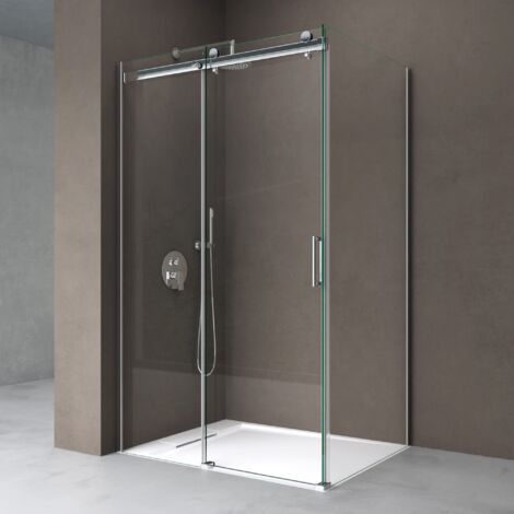 doporro Box Doccia Angolare 100x120x195 cm in Vetro Temperato Trasparente 8 mm Porta Scorrevole con Maniglie e Profili Cromati, Piatto Doccia Bianco da 4 cm Incluso, Trattamento Anticalcare - Ravenna1