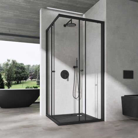 doporro Box Doccia Angolare 75x90x190cm Nero Cabina Doccia con Porta Scorrevole in Vetro di Sicurezza ESG Trasparente Rivestimento Easy-Clean, Inclusa Piatto Doccia, Ravenna16k
