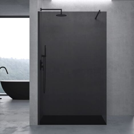 doporro Box Doccia Walk-In 110x200cm, Parete Doccia Anticalcare in Vetro di Sicurezza 8mm con Braccio Sostegno Telescopico in Acciaio Nero MMBR1 Bremen01VG