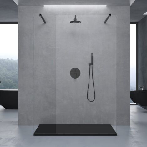 doporro Box Doccia Walk-In 130x200cm, Parete Doccia Anticalcare in Vetro Trasparente 8mm con Bracci Sostegni Telescopici in Acciaio MMBR3 Nero
