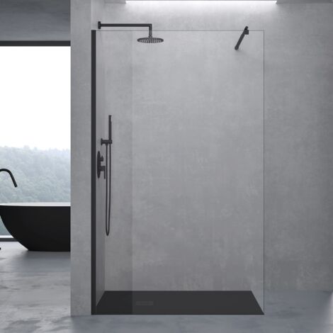 doporro Box Doccia Walk-In 50x200cm, Parete Doccia Anticalcare in Vetro Trasparente da 10mm con Braccio Sostegno Telescopico in Acciaio Nero MMBR1