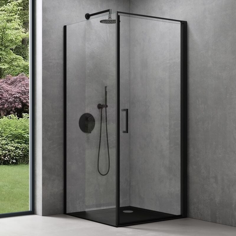 doporro Cabine de Douche en Angle Noir 75x100x195 Montage Réversible Paroi de Douche Ravenna36K-Plus Porte Pivotante en Verre Transparant de 8mm