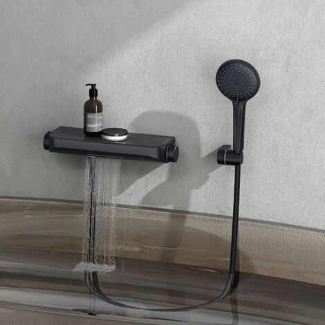doporro Columna de Ducha con Cartucho Cerámico, Temperatura Constante con Plataforma de Almacenamiento y , 3 Modos de Rocío, Cuerpo de Cobre Macizo, Acabado Negro Mate, Duschsystem8