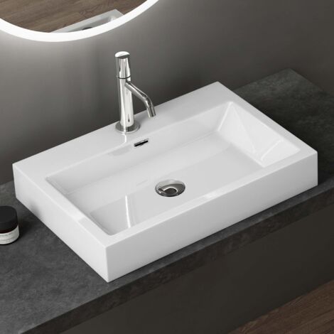 doporro Design Aufsatzwaschbecken Hängewaschbecken Waschbecken Weiß BTH 60x42x10 cm Waschtisch aus Mineralguss Colossum06