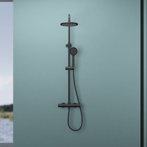 doporro Design Duscharmatur in Schwarz Matt Duschstange mit Duschkopf rund und Regendusche Duschsystem wassersparend mit Wandhalterung - schwarz matt