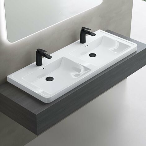 doporro Double Lavabo à Encastrer Blanc Vasque en Solid Surface Lave Mains Rectangulaire de Qualité pour Salle de Bain 120x48x14,5cm Colossum08