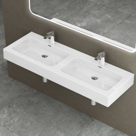 Doporro – Double lavabo à poser blanc 140 cm – Vasque pour 2 lave-mains – Fonte minérale solid surface – Dimensions 140x48x13 cm – Monobloc écologique - Colossum830