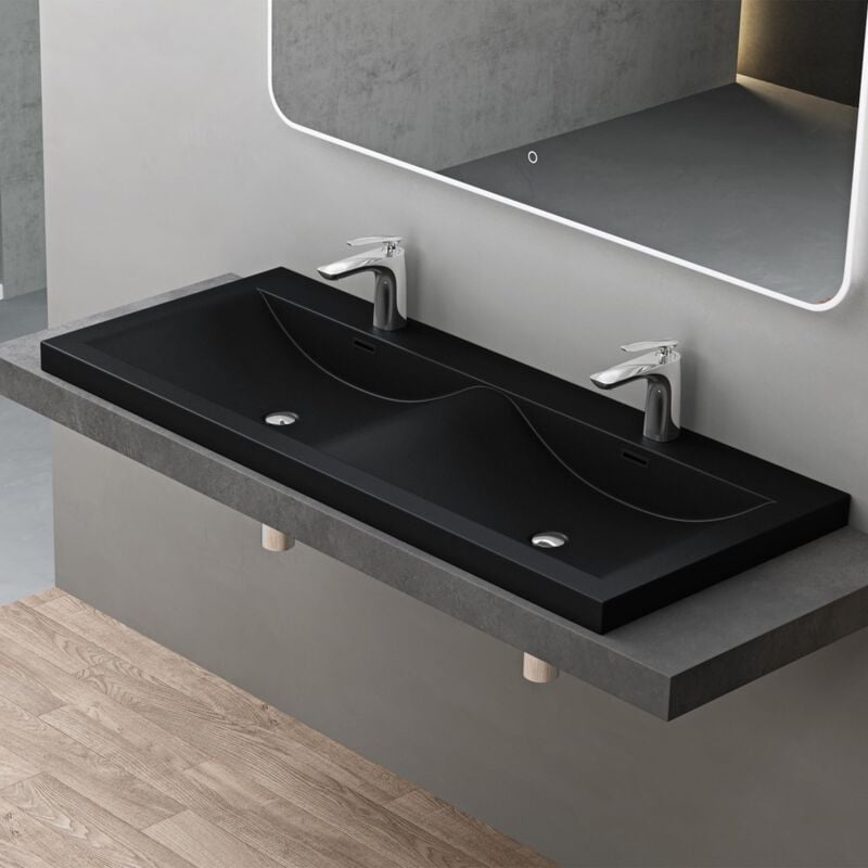 Double Lavabo Vasque à Encastrer 120 cm Noir Lave Mains Rectangulaire en Solid Surface pour Salle de Bains 120x48x12 cm Colossum03 - Doporro