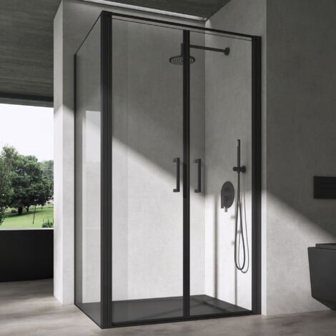 doporro Duschkabine U-Form 75x90x75cm Duschabtrennung in schwarz zwei Drehtüren ESG-Sicherheitsglas Klarglas mit Nano-Beschichtung Ravenna66UK