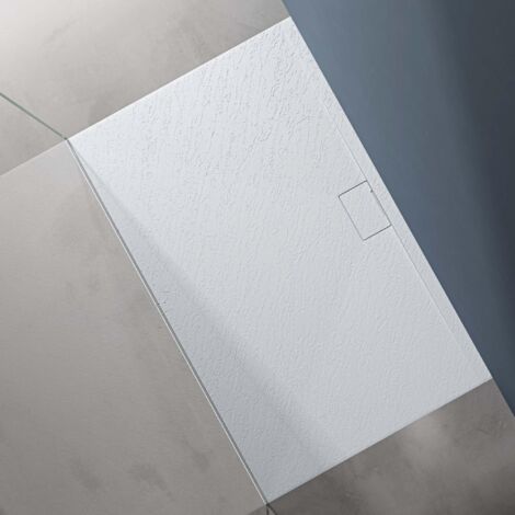 doporro Duschtasse Duschwanne 100x160x3 flach Mineralguss in Weiß inkl. Ablaufgarnitur AL06 DIN-Anschlüsse für bodengleiche Montage geeignet Geoma07