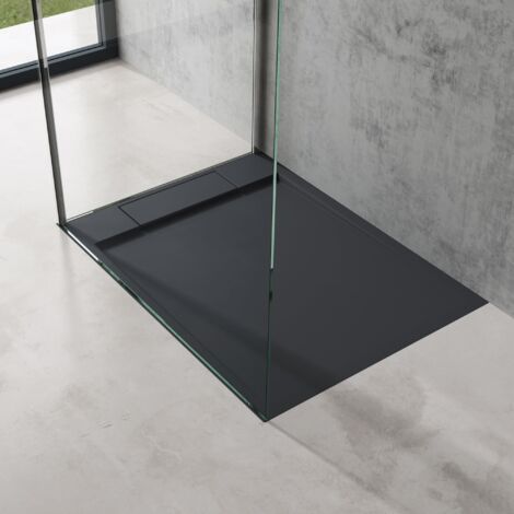 doporro Duschtasse Duschwanne 75x100x4 flach Mineralguss in Anthrazit DIN-Anschlüsse für bodenebene Montage geeignet Geoma04