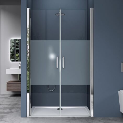doporro Duschtür Nischentür dusche Duschabtrennung Duschkabine 140cm Nischendrehtür 195cm ESG-Sicherheitsglas Duschtür mit Milchglas-Streifen Drehtür mit Hebe- und Senkmechanismus Teramo24MS