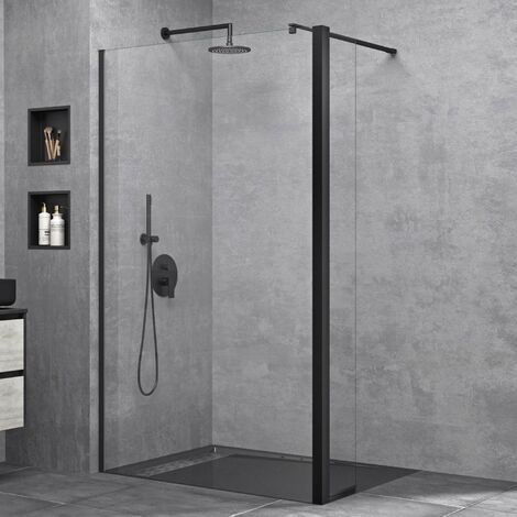 doporro Duschwand 100x200cm Walk-In mit 30cm Nebenteil, 8mm Duschabtrennung Bremen schwarz mit Stabilisator, aus Echtglas ESG-Sicherheitsglas Klarglas inkl. Nanobeschichtung