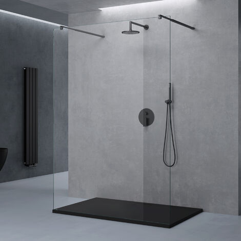 doporro® Duschwand Duschtrennwand 130x200 Walk-In Dusche schwarz mit Doppel-Stabilisator aus Echtglas 10mm ESG-Sicherheitsglas Klarglas inkl. Nanobeschichtung
