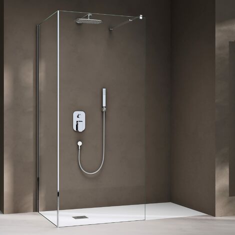 doporro® Duschwand Walk-In Dusche Duschtrennwand 110x90cm mit rechteckigem Stabilisator Bremen-L 01K Eckdusche aus 8mm ESG-Sicherheitsglas Klarglas inkl. Nanobeschichtung