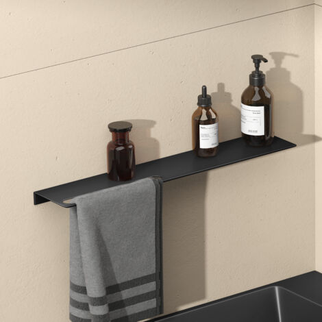 doporro Estante con Toallero Integrado de Aluminio Negro Mate, 32×125×600 mm, Acabado con Recubrimiento en Polvo, Instalación con Taladro o Adhesivo, Reglo-06