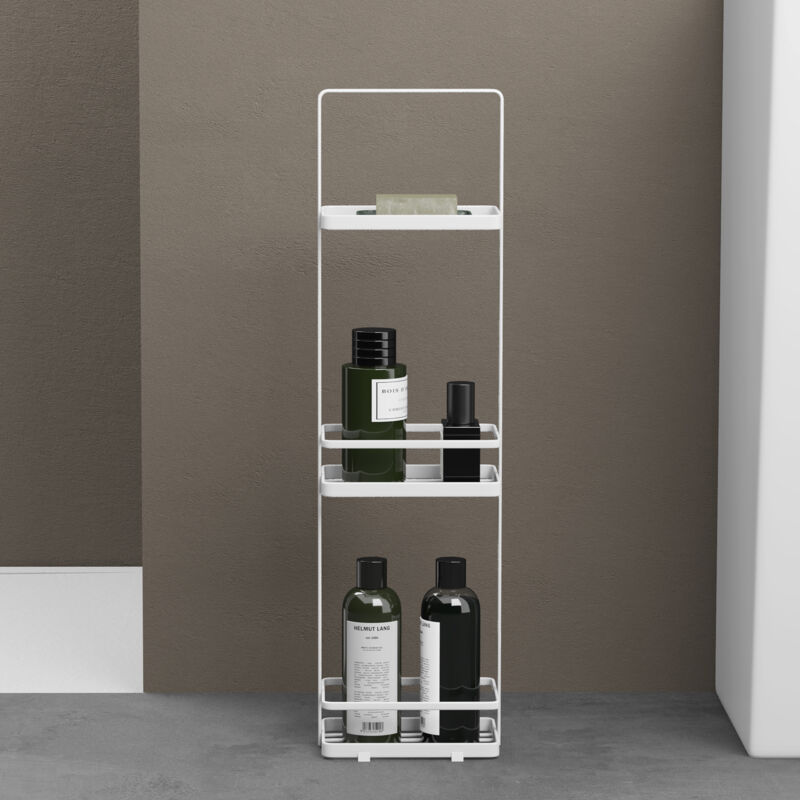 doporro Étagère Salle de Bain au Sol en Acier au Carbone Rangement à 3 Niveaux Étagère Douche Blanc avec Poignée Grande Capacité 18×12,5×67,3 CM