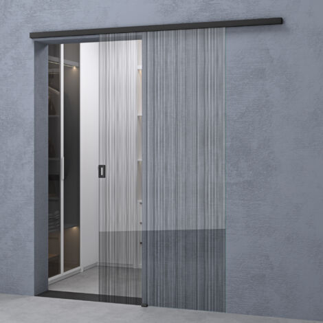 doporro Glasschiebetür Komplettset 77,5 x 205 cm Schiebetür mit Sicherheitsfolie 8mm ESG-Sicherheitsglas Zimmertür Glas Schwarz gebürstet mit Quadratgriff Muranino-001