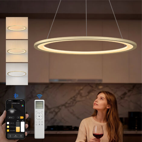 doporro Lámpara LED Colgante Moderna – 40 cm, 20 W, Regulable 3000–6000 K, CRI ≥ 95, Altura Ajustable, Control por App y Mando a Distancia, para Comedor y Sala, Dorado, Luvina01