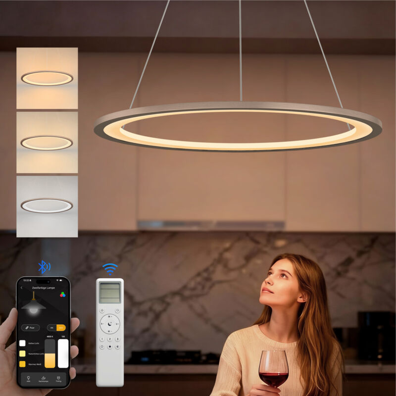 doporro Lámpara LED Colgante Moderna – 60 cm, 30 W, Regulable 3000–6000 K, CRI ≥ 95, Altura Ajustable, Control por App y Mando a Distancia, para