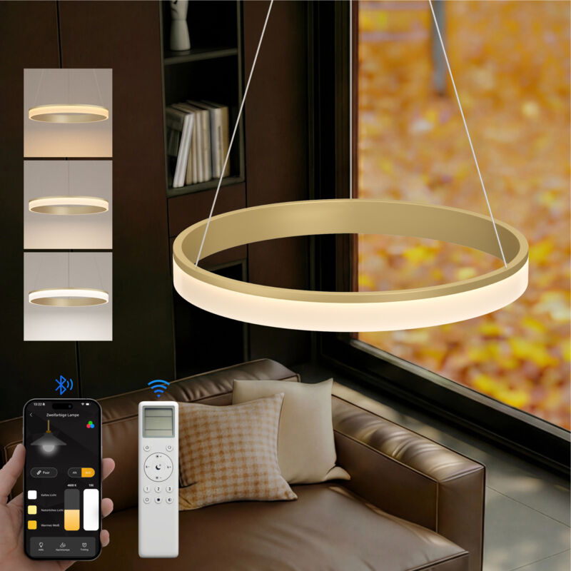 doporro Lámpara LED Colgante Moderna – 60 cm, 30 W, Regulable 3000–6000 K, CRI ≥ 95, Altura Ajustable, Control por App y Mando a Distancia, para