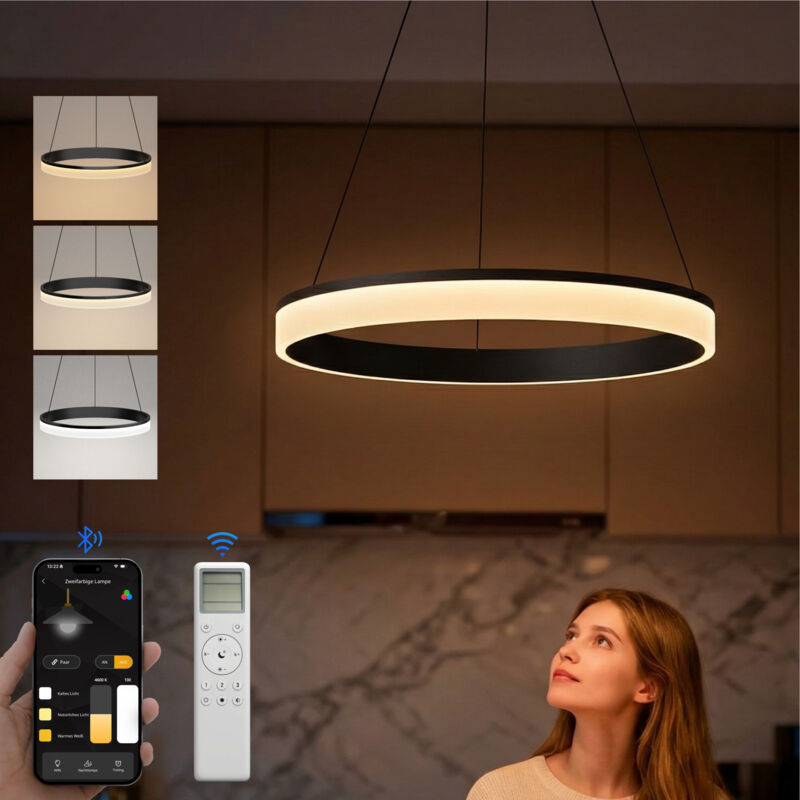 doporro Lámpara LED Colgante Moderna – 40 cm, 20 W, Regulable 3000–6000 K, CRI ≥ 95, Altura Ajustable, Control por App y Mando a Distancia, para
