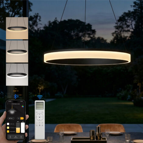doporro Lampe de Plafond Plafonnier LED Triple Commande Hauteur Réglable Lampe de Nuit Suspension Lustre Salon Salle à Manger Chambre Noir Sablé 60×60 CM 30W Luvina-02