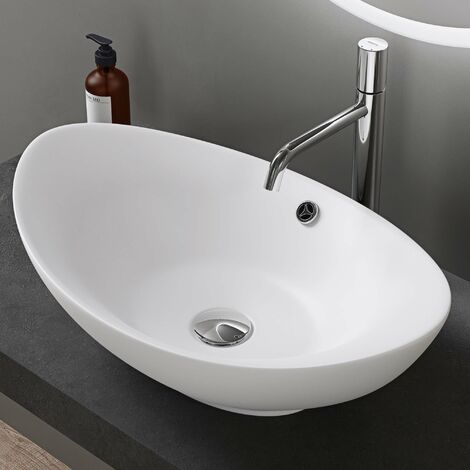 doporro Lavabo à Poser Blanc Mat Vasque en Céramique Lave Mains Ovale de Qualité pour Salle de Bain 59x38,3x19,2cm Bruxelles818
