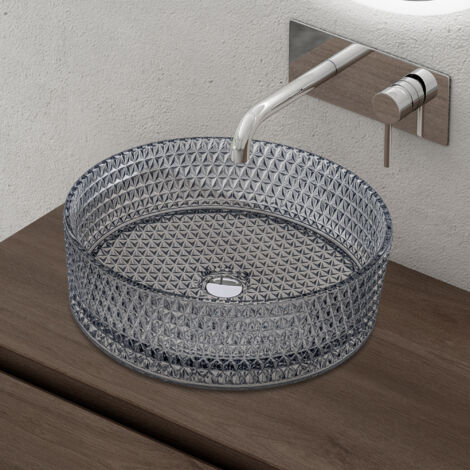 Doporro – Lavabo à poser en verre gris rond 39x39x12 cm – Lave-mains sans trop-plein – Installation sur plan de vasque – Pour espaces restreints - Minerva07