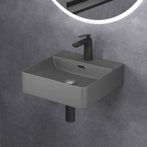 doporro Lavabo à Poser Gris Noir Mat Vasque Suspendu en Céramique Lave Mains Carrée de Qualité pour Salle de Bain 42x42x12cm Meissen201-420