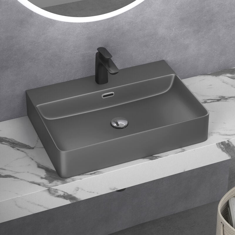 doporro Lavabo à Poser Gris Noir Mat Vasque Suspendu en Céramique Lave Mains Rectangulaire de Qualité pour Salle de Bain 60x42x12cm Meissen201-600