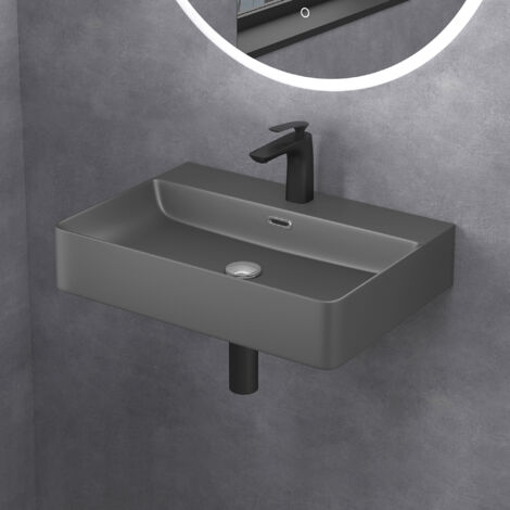 doporro Lavabo à Poser Gris Noir Mat Vasque Suspendu en Céramique Lave Mains Rectangulaire de Qualité pour Salle de Bain 60x42x12cm Meissen201-600