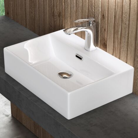 Doporro – Lavabo à poser suspendu en céramique blanche – Vasque rectangulaire 51x36x13cm – Équipée d'un trop-plein – Revêtement Nano pour nettoyage facile - ssel206