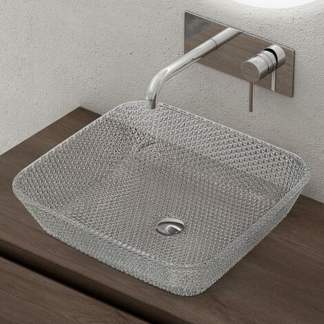 doporro Lavabo à Poser Vasque en Verre Transparent Lave Mains Carré de Salle de Bains Petit Lave-Mains pour WC 40x40x11 cm Minerva03