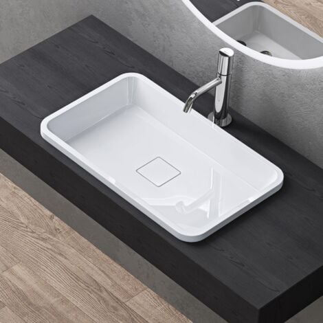 doporro Lavabo ad Incasso Soprapiano Lavandino bagno da Appoggio Rettangolare in Resina Minerale, Senza Foro Rubinetto, Piletta Inclusa, Colore Bianco Lucido 60x38x12 cm - Colossum104