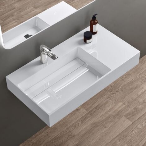 doporro Lavabo Bagno Sospeso Lavabo da Appoggio Rettangolare in Marmo Resina Bianco Lucido, Vasca a Sinistra 90x48x13 cm con 1 Foro Rubinetto e Piletta Scarico, Colossum12