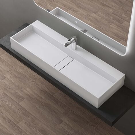 doporro Lavabo Bagno Sospeso Rettangolare Lavabo da Appoggio con Foro Rubinetto 120 x 40 x 14 cm Bianco Opaco Lavandino in Resina Minerale Ideale per Casa Ristorante e Hotel Design Colossum6028
