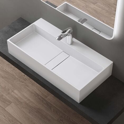 doporro Lavabo Bagno Sospeso Rettangolare Lavabo da Appoggio con Foro Rubinetto 80 x 40 x 14 cm Bianco Opaco Lavandino in Resina Minerale Ideale per Casa Ristorante e Hotel Design Colossum6028